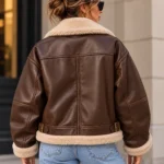 leather aviator jacket womens model wear back look