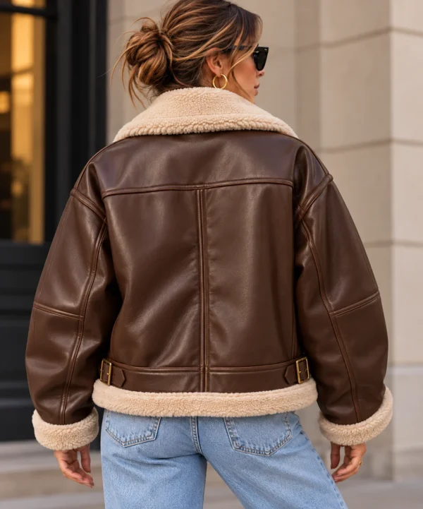 leather aviator jacket womens model wear back look