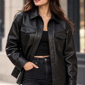 womens leather shirt jacket model wear front look
