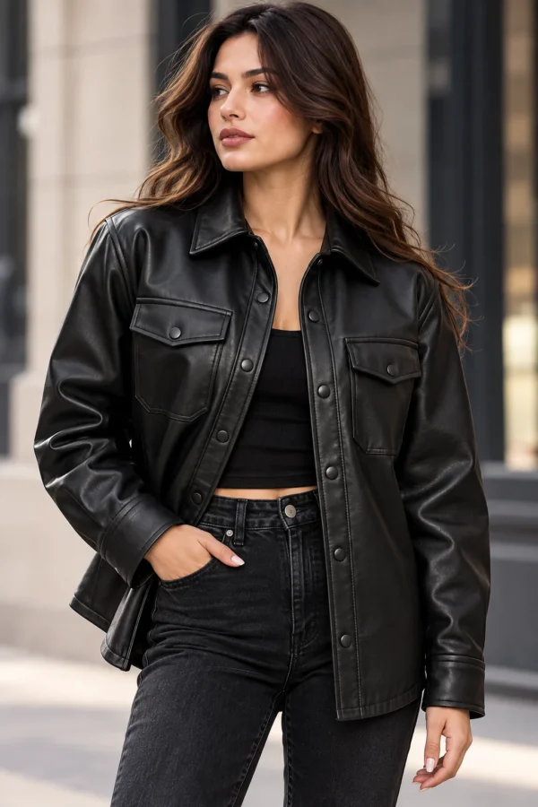 womens leather shirt jacket model wear front look