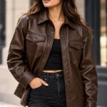 womens leather shirt jacket model wear front look brown