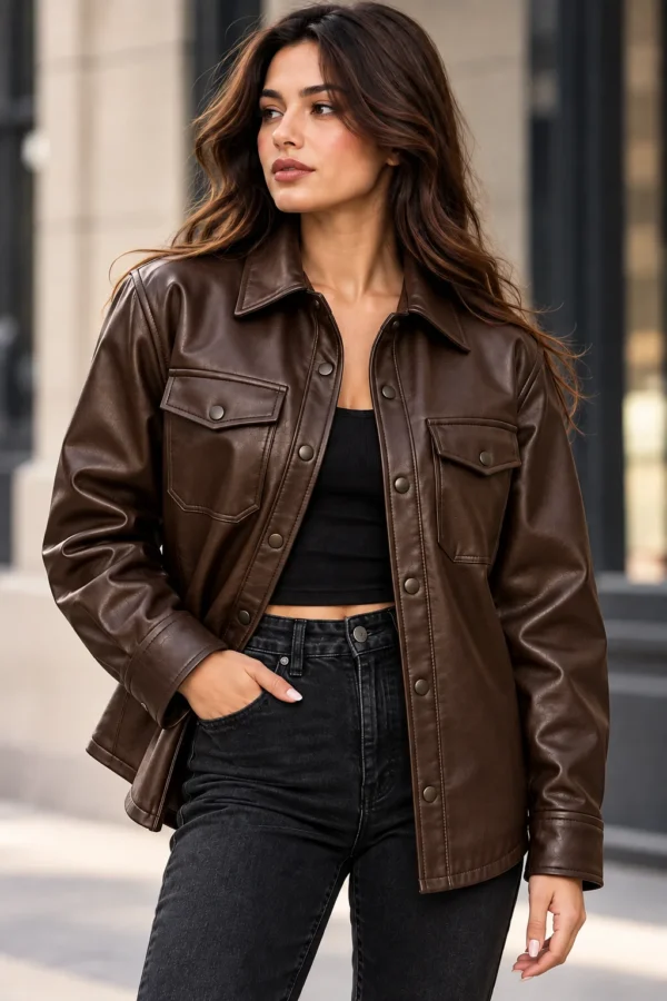 womens leather shirt jacket model wear front look brown