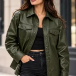 womens leather shirt jacket model wear front look green