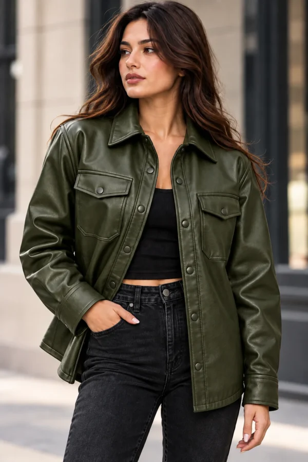womens leather shirt jacket model wear front look green