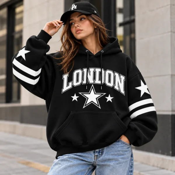 london star hoodie model wear graphic look black