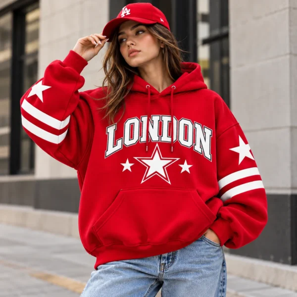 london star hoodie model wear graphic look red