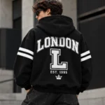 london varsity style hoodie model wear graphic look