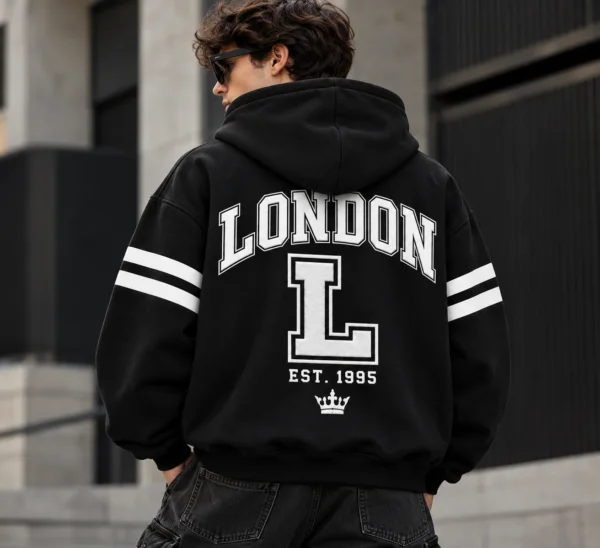 london varsity style hoodie model wear graphic look