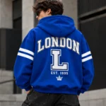 london varsity style hoodie model wear graphic look blue