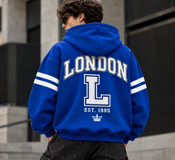 london varsity style hoodie model wear graphic look blue