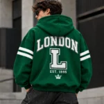 london varsity style hoodie model wear graphic look green