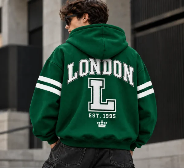 london varsity style hoodie model wear graphic look green