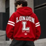 london varsity style hoodie model wear graphic look red