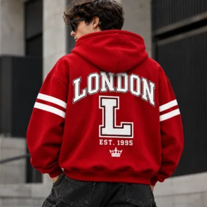 london varsity style hoodie model wear graphic look red