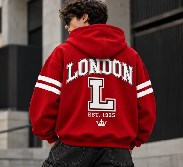 london varsity style hoodie model wear graphic look red