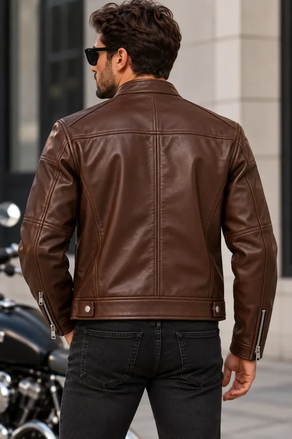 mens cafe racer leather jacket model wear back look