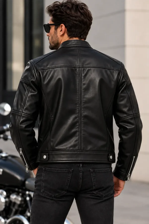mens cafe racer leather jacket model wear back look black