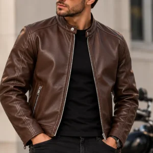 mens cafe racer leather jacket model wear front look