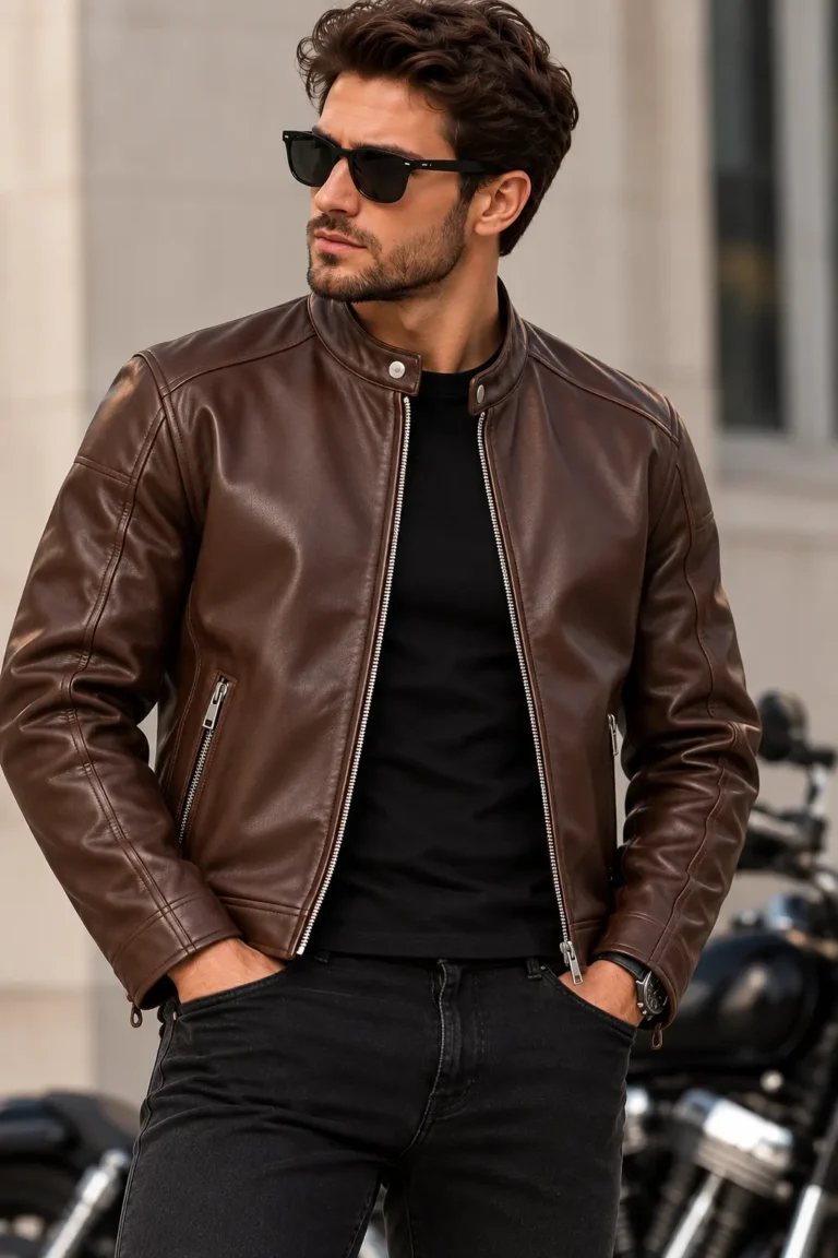 mens cafe racer leather jacket model wear front look