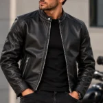 mens cafe racer leather jacket model wear front look black