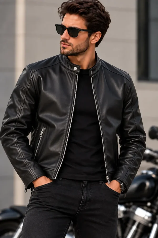 mens cafe racer leather jacket model wear front look black