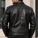 mens casual leather jacket model wear back look
