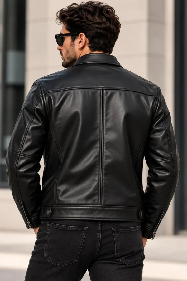 mens casual leather jacket model wear back look