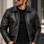 mens casual leather jacket model wear front look