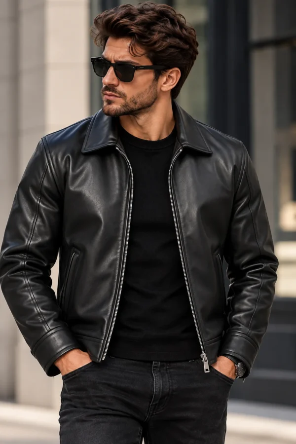 mens casual leather jacket model wear front look