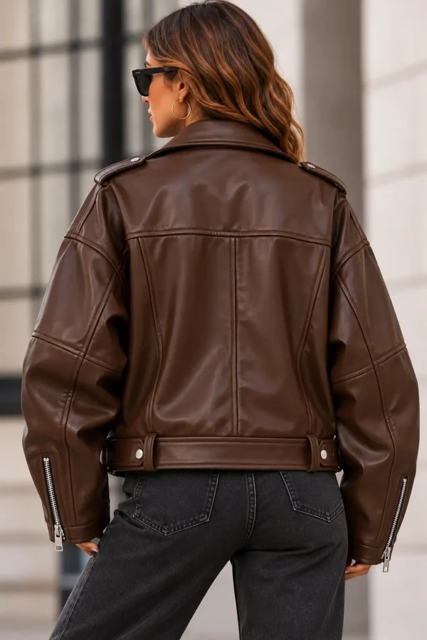 oversized biker jacket model wear back look