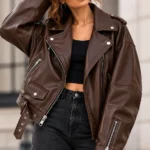 oversized biker jacket model wear front look